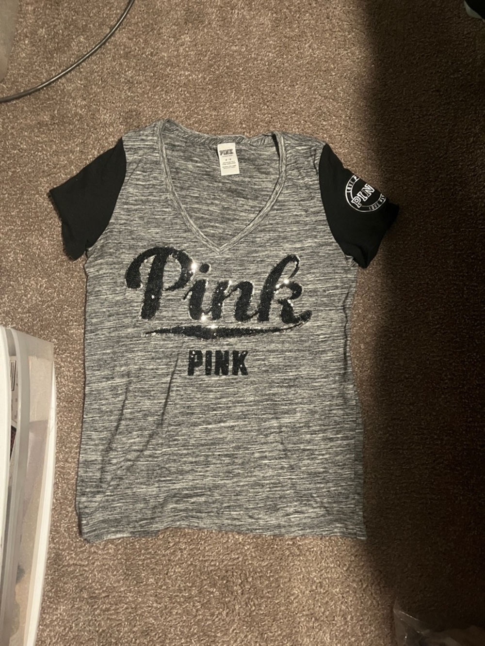 PINK Victoria's Secret Gray and Black Short Sleeve V-Neck Tee